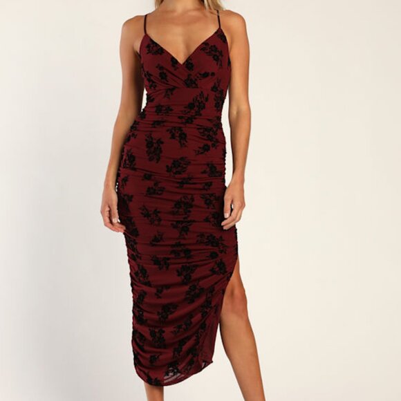 Lulus Eloquent Essence Burgundy Burnout Velvet Floral Midi Dress Red - Size M - Picture 1 of 1